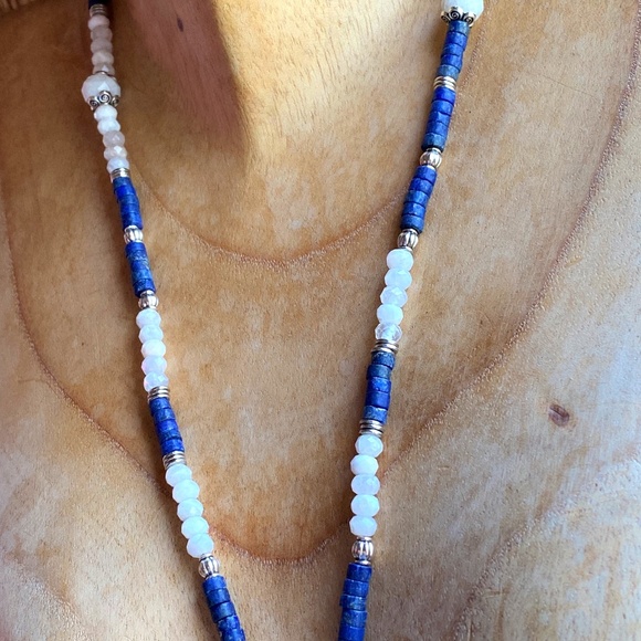 Genuine Moonstone + Lapis Lazuli Gemstone Necklace - Picture 2 of 10